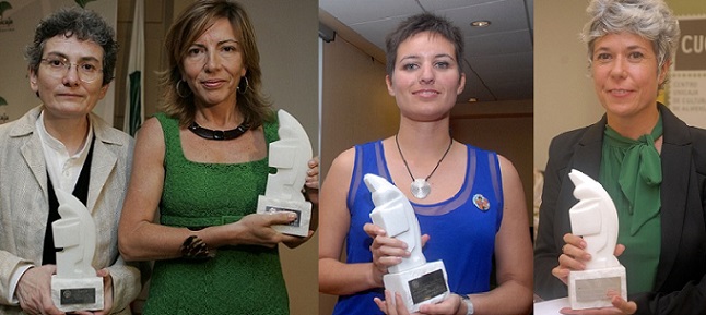 Ganadoras de las tres primeras ediciones del Colombine. Desde la izqda, Yolanda Sobero y Susana Jiménez; June Fernández, y Marta Gómez. (Fotos J. J. Mullor)