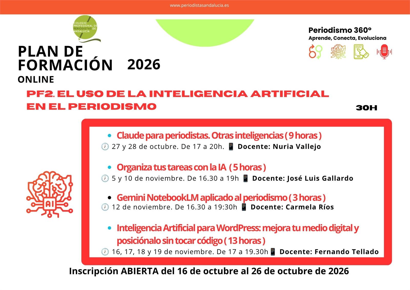 Plan de formación 2026 II. PROGRAMA 2: EL USO DE LA INTELIGENCIA ARTIFICIAL EN EL PERIODISMO (30 horas)